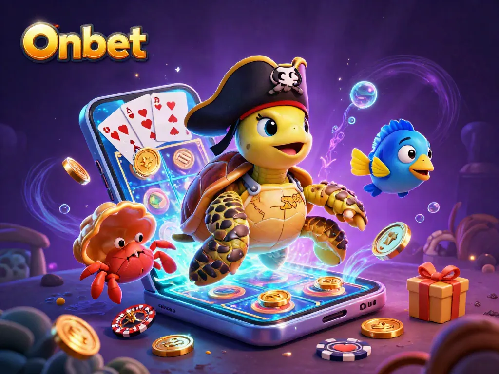 Engage with Onbet as a pirate turtle discovers sunken treasures among high-energy gambling elements.