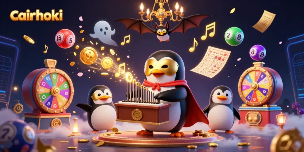 Gambarkan cairhoki dengan penguin opera bermain organ pipa yang mengeluarkan koin, dikelilingi bola lotere dan bukti kemenangan.