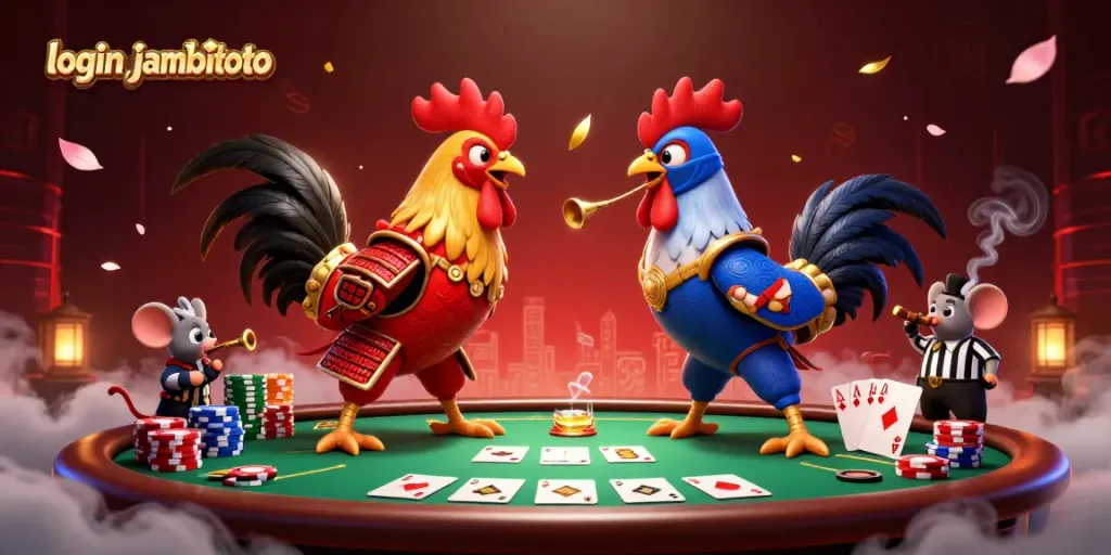 Engage in thrilling action with login jambitoto amid a dramatic rooster standoff, poker chips, and cards.