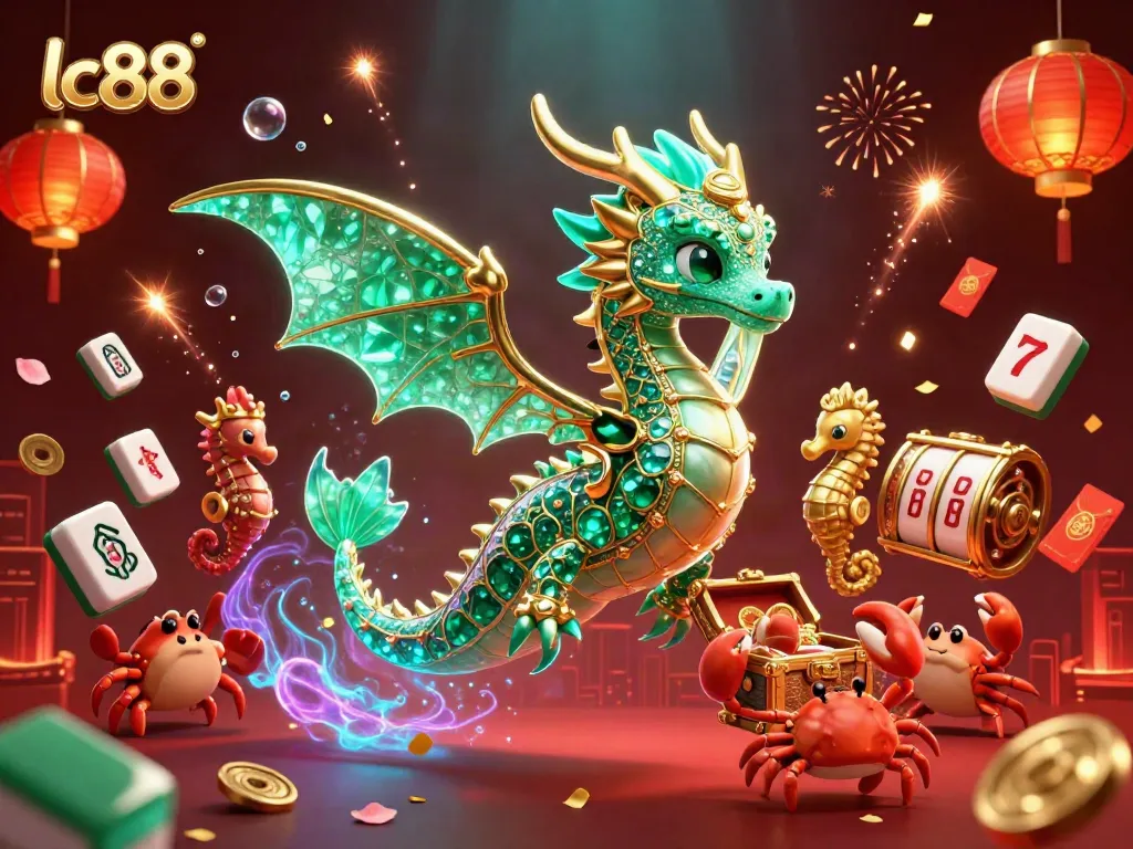 Engage in vibrant casino action with lc88, featuring a dragon and sea creatures amidst treasure and lucky symbols.