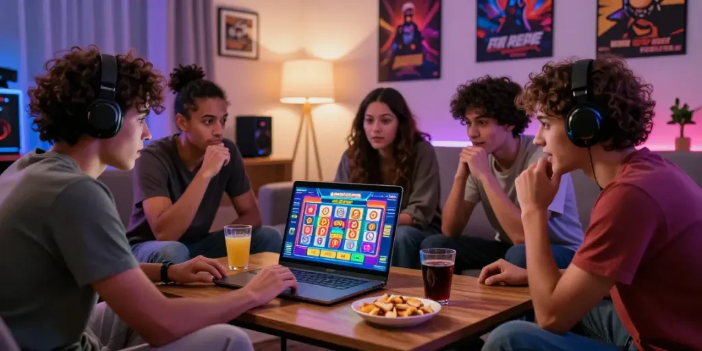 Friends excitedly playing sgp slot lottery game on a laptop in a cozy living room.