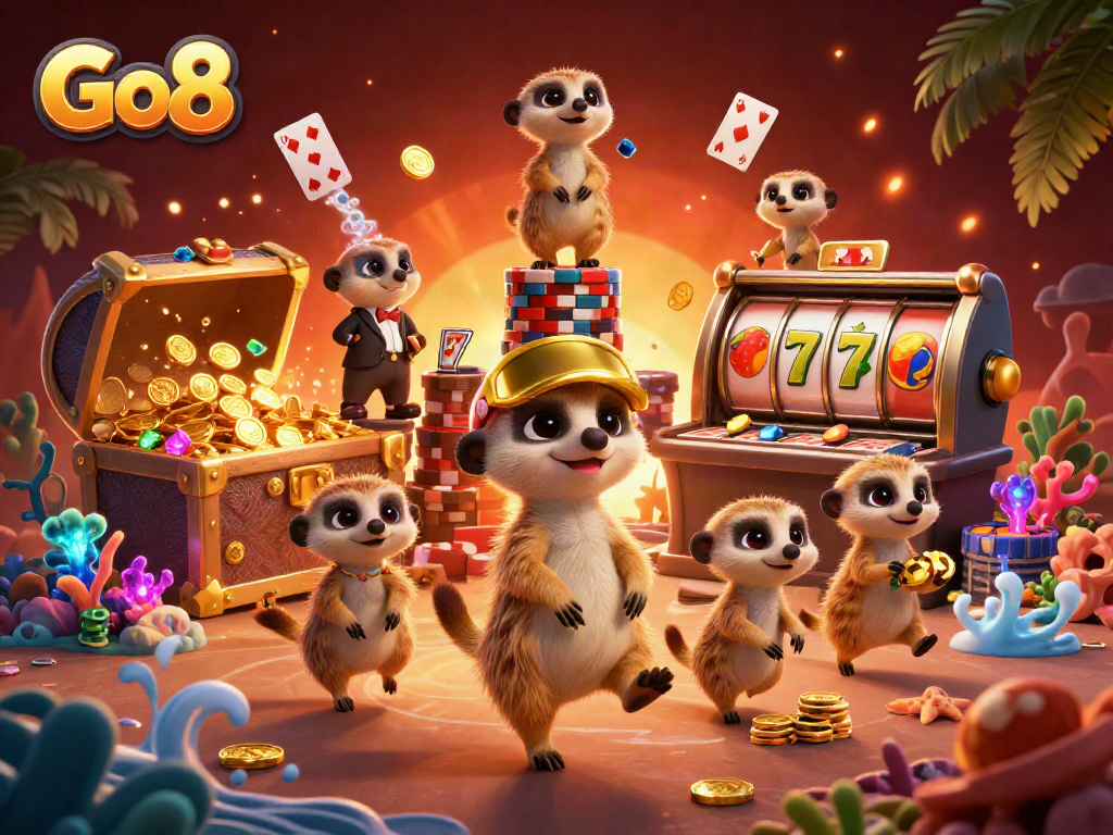 Experience exciting casino action at Go8 with meerkats running games and sneaking chips.