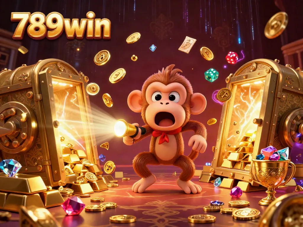 Experience the thrilling 789win casino with a mischievous monkey juggling treasures in a dynamic scene.