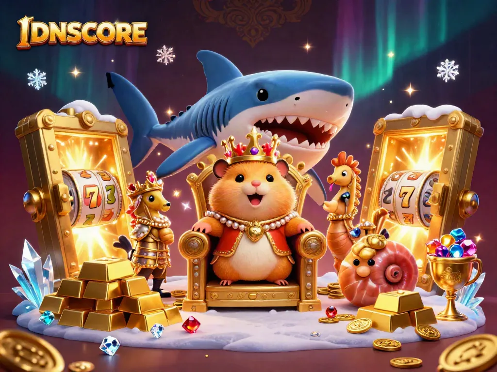 IDNSCORE captures the excitement of gambling with a vibrant scene showcasing a hamster king surrounded by riches and slot game elements.