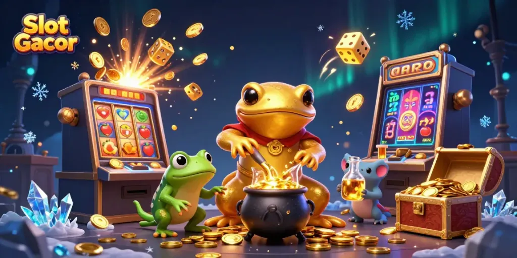 Experience the excitement of Slot Gacor with a dynamic illustration featuring a golden salamander alchemist and thrilling casino elements.