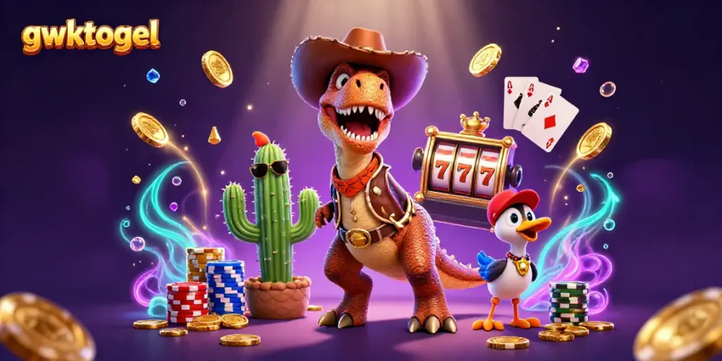 Menyatakan gwktogel dengan karakter dinosaur cowboy 3D dan elemen kasino yang memukau