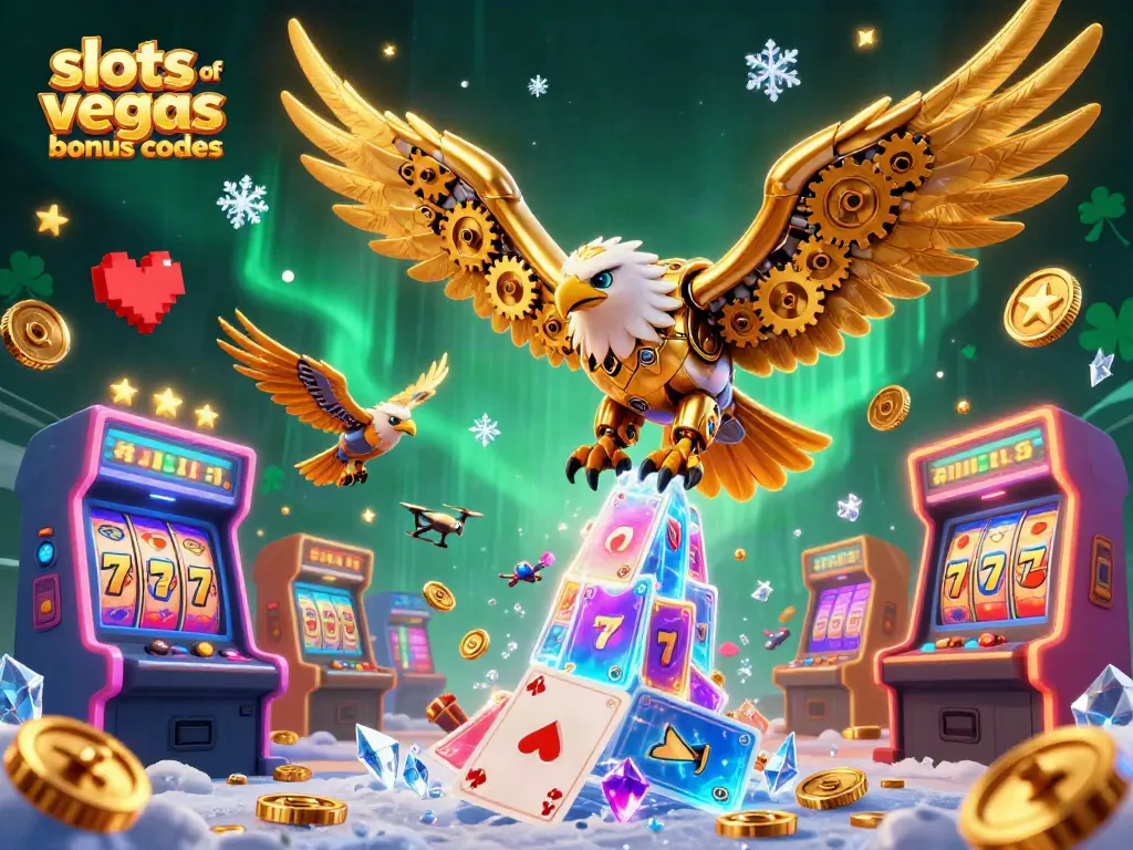 Immerse in the excitement with Slots of Vegas bonus codes as a golden eagle dives through holographic cards amidst gaming elements.