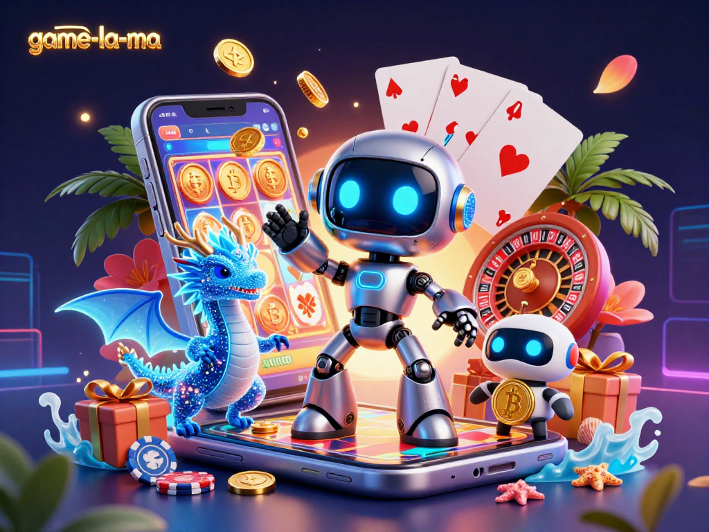 Engage in thrilling slot action with game-la-ma's vibrant 3D illustration featuring a cyberpunk robot and casino elements.