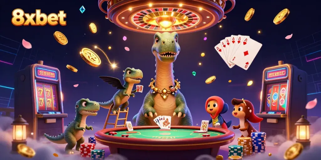 Experience the thrill of gambling with 8xbet in a vibrant and whimsical casino scene.