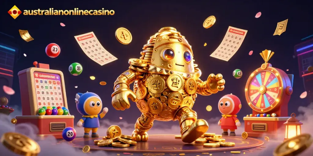 Engaging 3D scene of a golem composed of coins amidst vibrant lottery elements, showcasing australianonlinecasino.