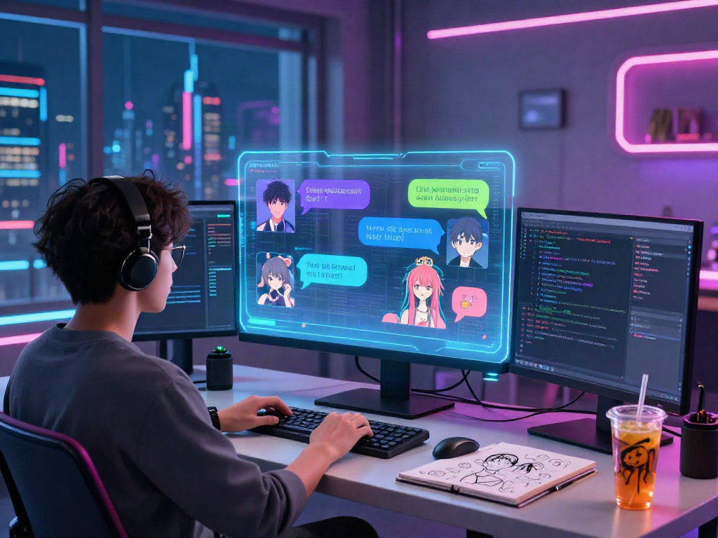 Engaging visual of a user interacting with a futuristic hentai AI chat interface, highlighting vibrant anime avatars and dialogue features.