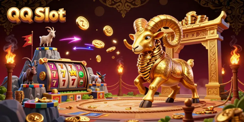 Experience the excitement of QQ Slot with a dynamic scene featuring a golden ram charging through a slot machine arena.