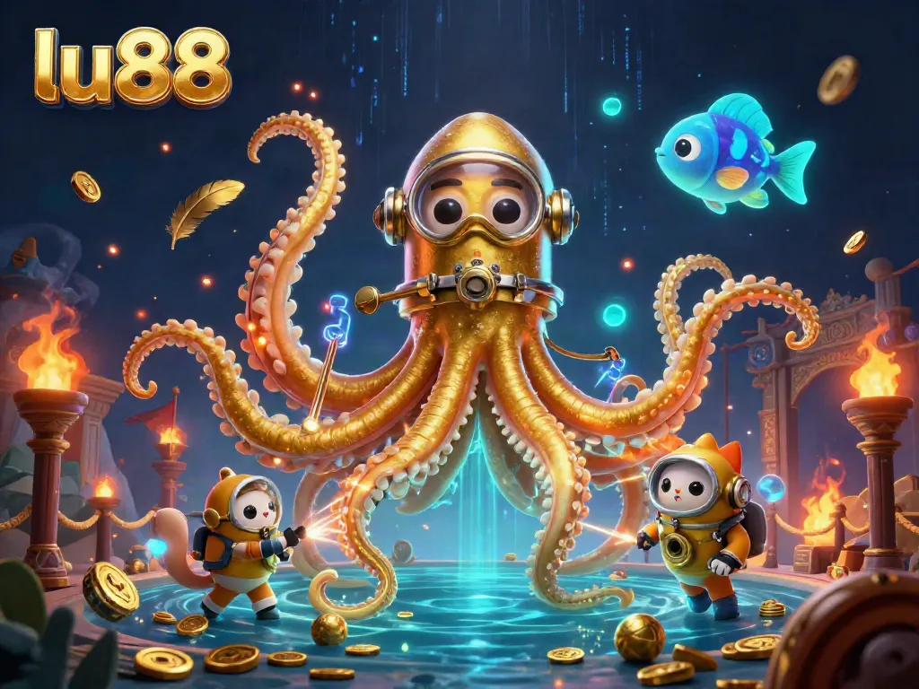 Experience exciting games and rewards with LU88's vibrant casino adventure featuring a colossal kraken and diving cat.