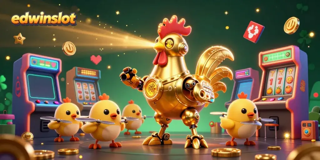 Experience the thrilling edwinslot action with a vibrant 3D scene featuring a rooster robot and game machines.