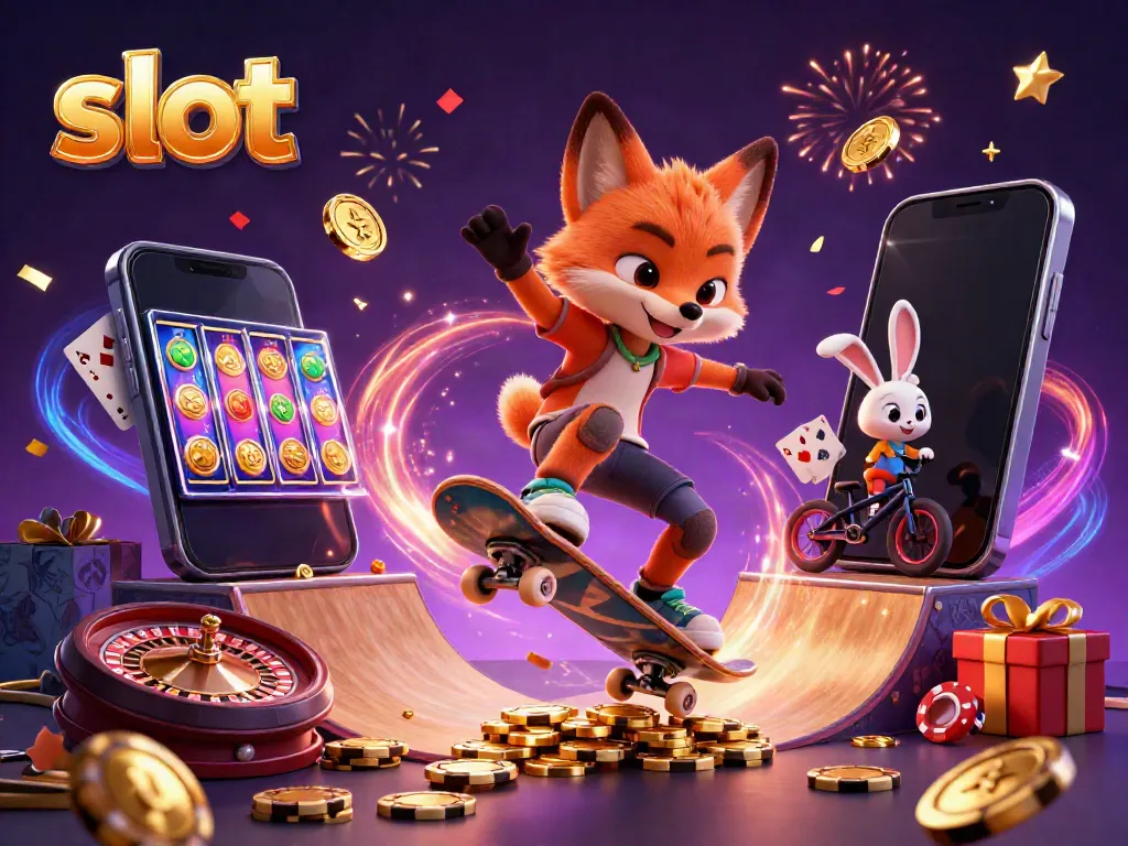 Engage with thrilling slot action featuring a cartoon fox and rabbit amid casino motifs.