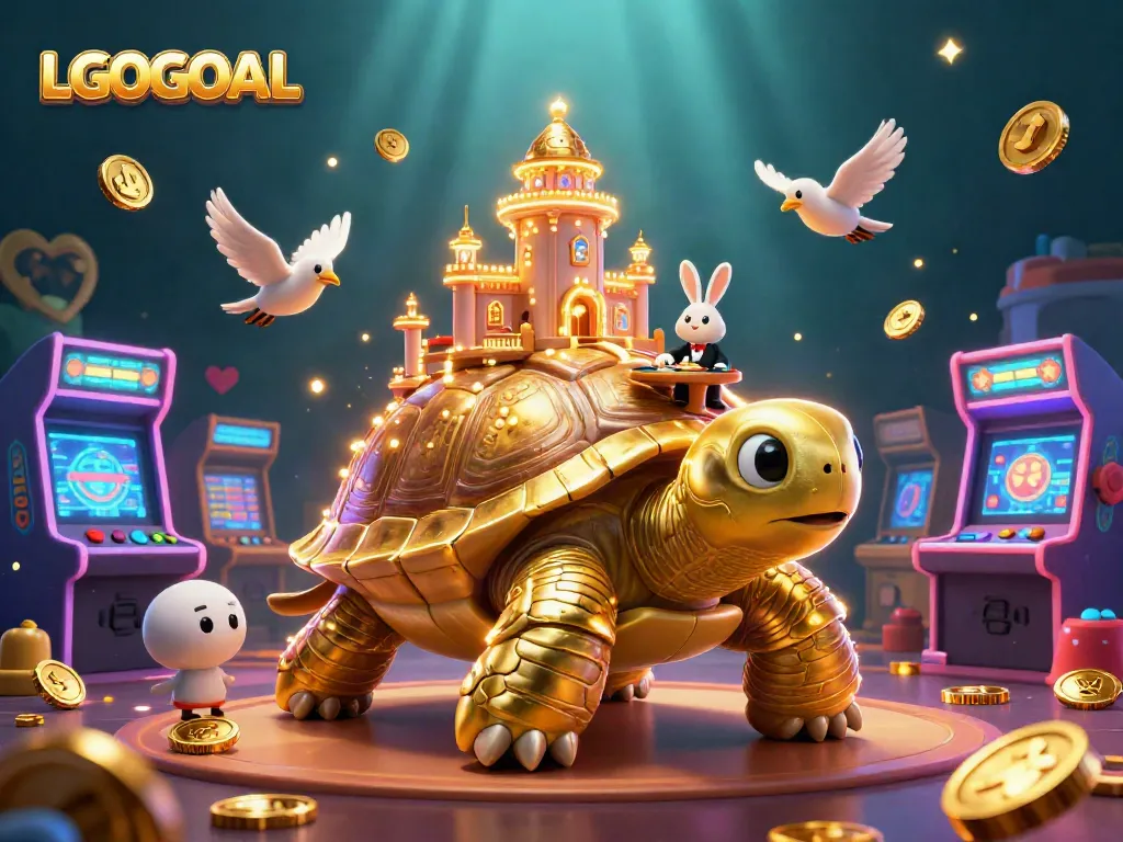 Experience LGOGOAL’s thrilling casino adventure with a golden tortoise and rabbit dealer game scene.