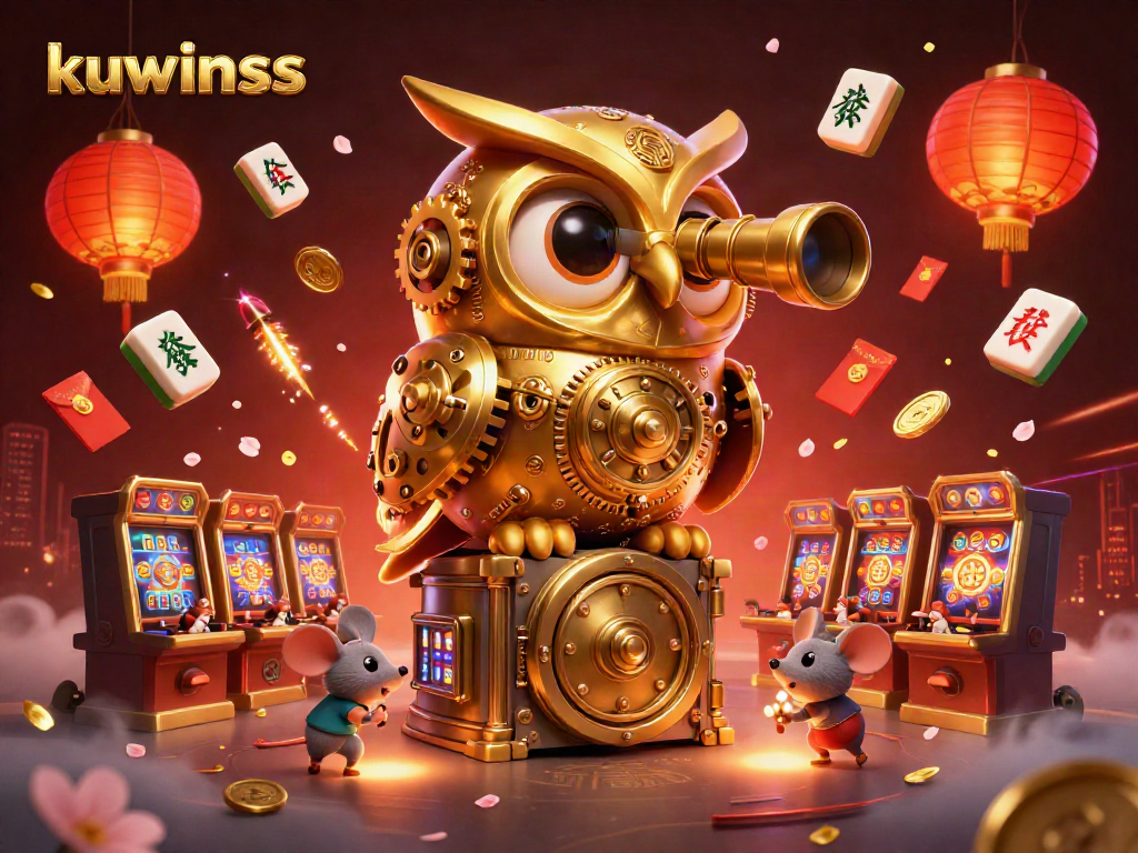 Kuwinss showcases a vibrant casino scene with a golden owl, vintage slot machines, and festive decorations.