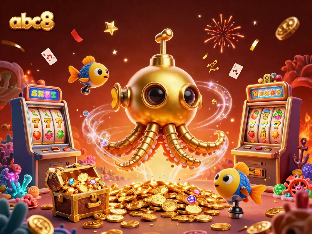 Engage with exciting slot action at abc8 featuring a golden kraken submarine amidst gold coins and slot reels.