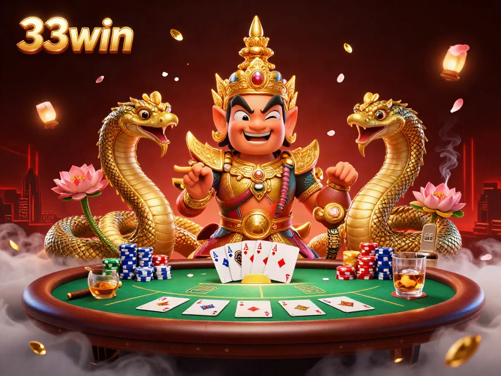 Experience thrilling poker play with a vibrant scene from 33win featuring unique characters, poker elements, and rich details.