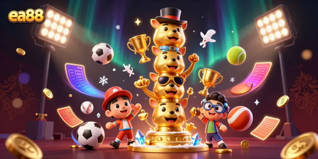 Chơi game với ea88, biểu tượng totem vàng trong thế giới casino đầy sắc màu.