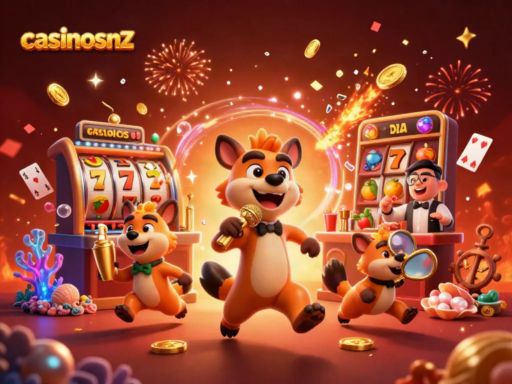 Join the fun at casinosnz with comedic hyenas and slots in a vibrant casino scene.