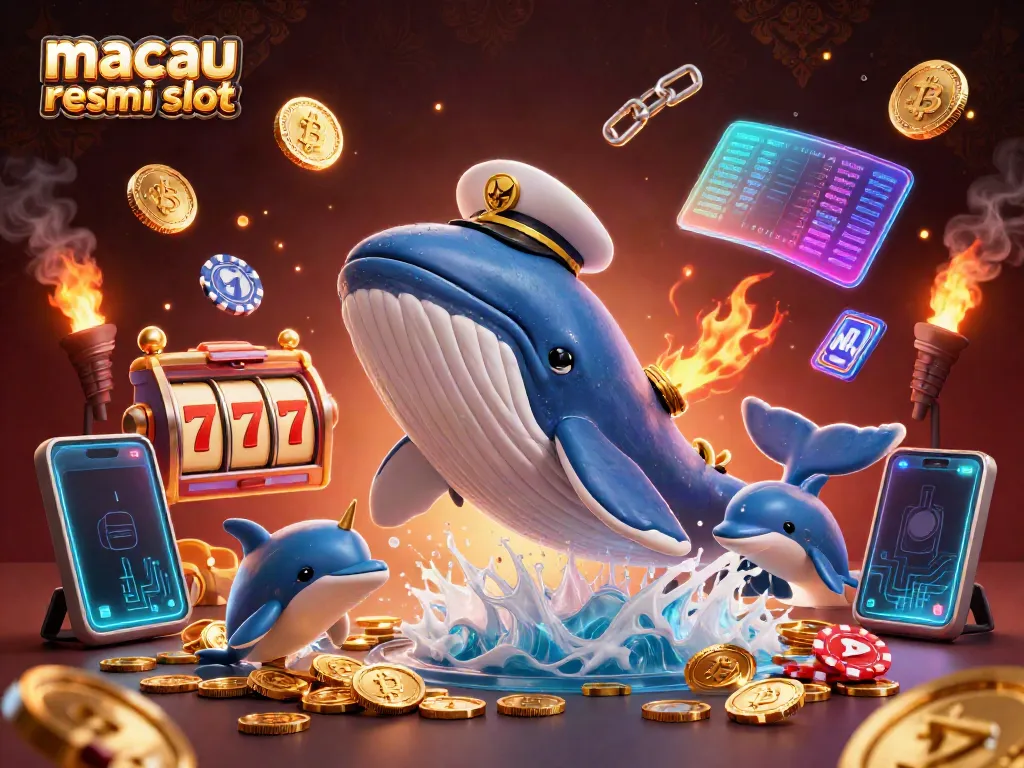 Permainan slot di situs macau resmi slot, dengan ratusan koin mengelilingi ikan paus dan lumba-lumba.