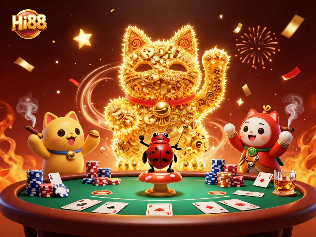 Experience Hi88's vibrant world as golden fireflies turn into a lucky cat amid poker action.
