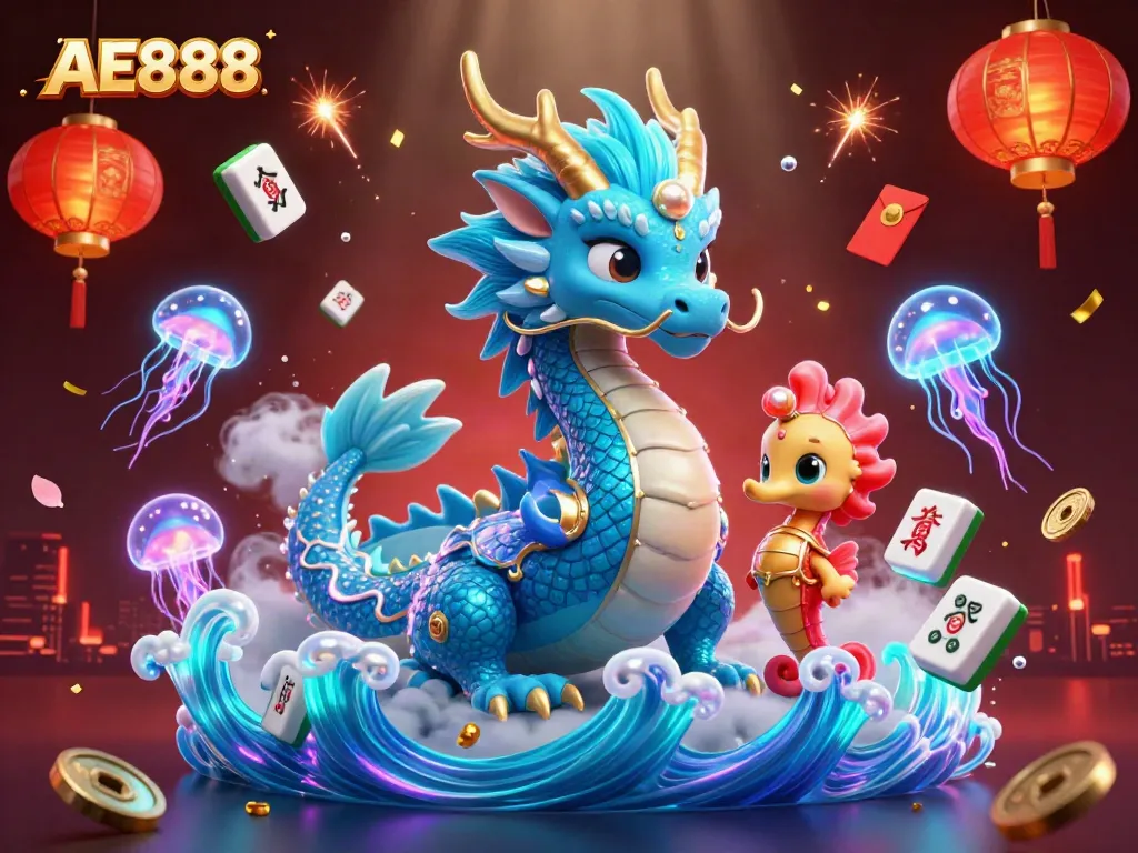 Engage in vibrant AE888 gaming action with a fantastical underwater scene featuring a dragon, knight, and jellyfish.