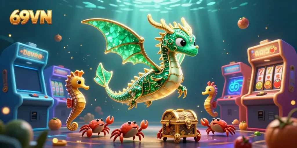 Join the excitement at 69VN with glowing slot machines and a vibrant underwater scene.