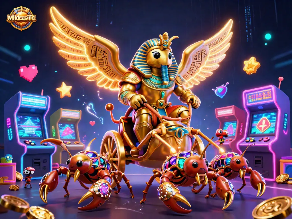 Mildcasino's vibrant casino scene featuring a scarab beetle chariot and scorpion companions, immersed in a gaming atmosphere.