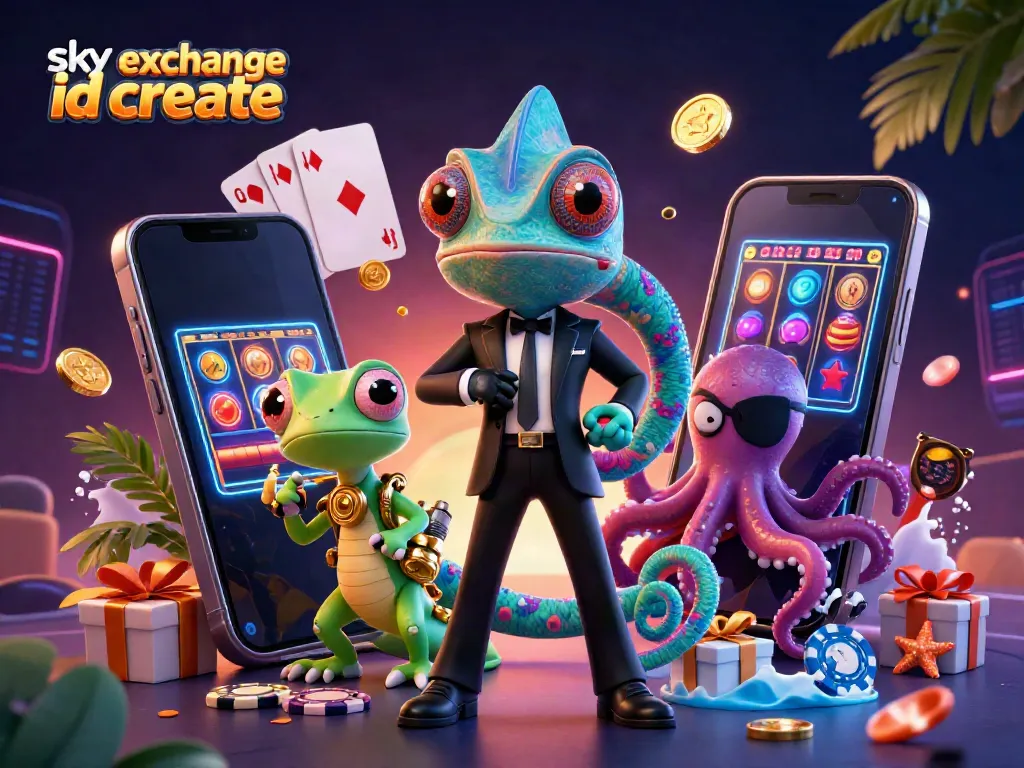 Engage in the thrilling world of betting with a dynamic scene featuring a chameleon secret agent and a tech-gecko, surrounded by gaming excitement showcasing sky exchange id create.