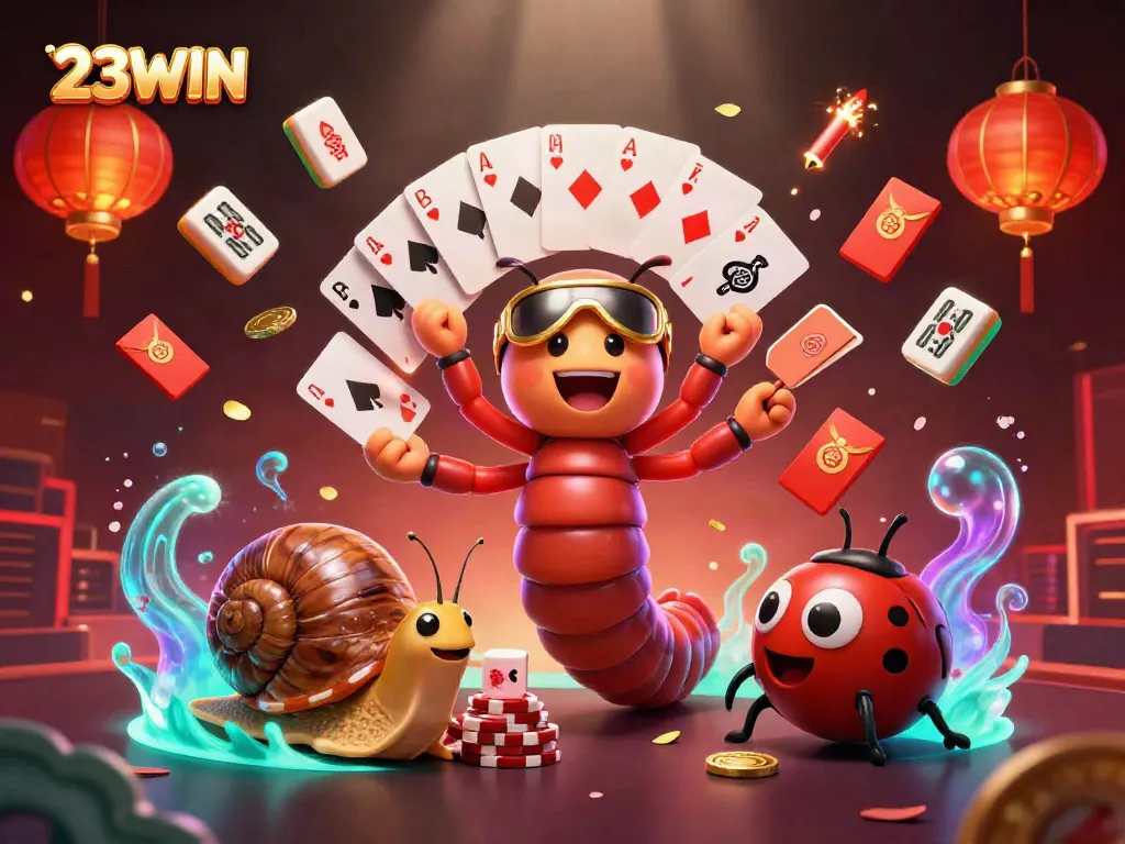 Experience thrilling games with 23WIN as a whimsical millipede dealer interacts in this vibrant casino scene.