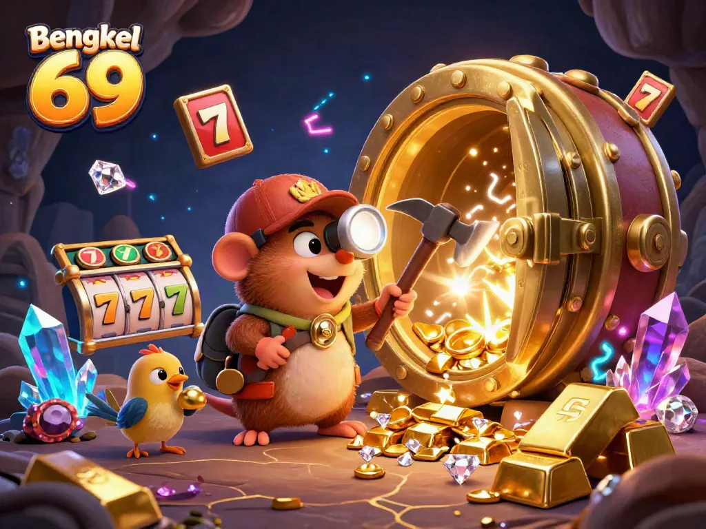 Experience the thrill of winning with Bengkel 69 in a vibrant casino scene packed with slot reels and sparkling treasures.