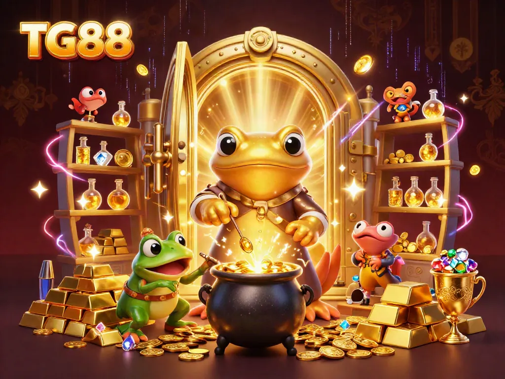 Experience the thrill of TG88 as golden coins flow from a mystical laboratory during a magical gaming adventure.