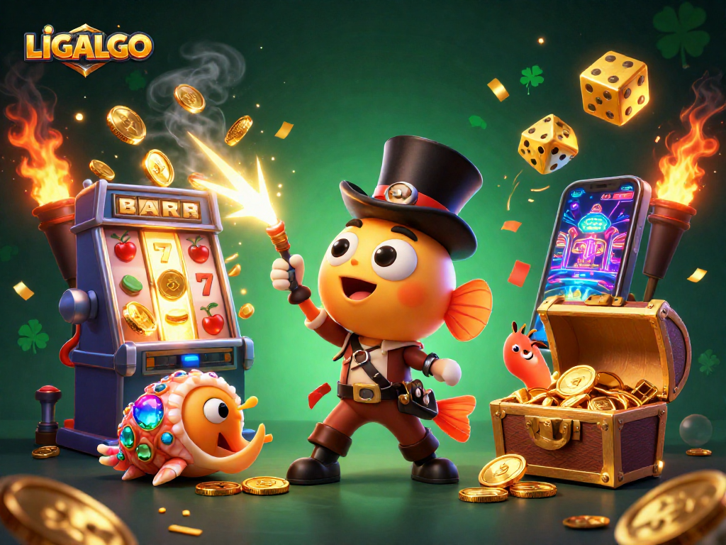 LIGALGO showcases a thrilling casino scene with an anglerfish, shrimp, and snail amidst slot machines and gold coins.