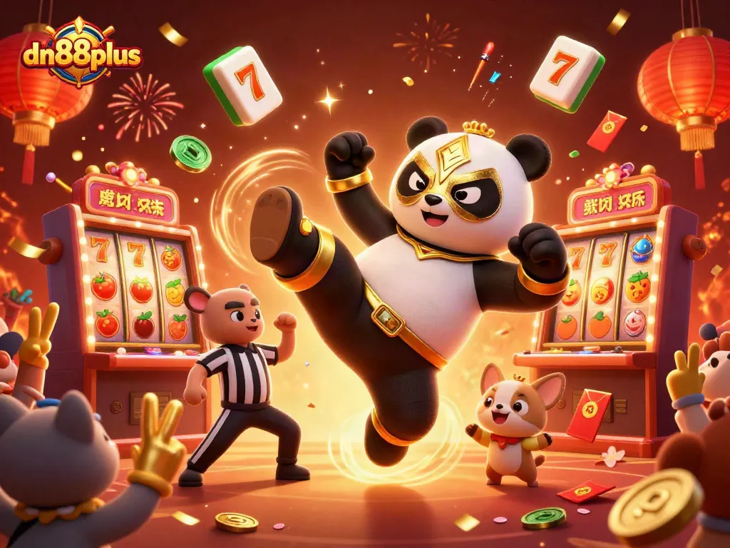 Engage with exciting gameplay at dn88plus featuring a vibrant 3D scene of a wrestling panda amidst slot machines and cheering spectators.