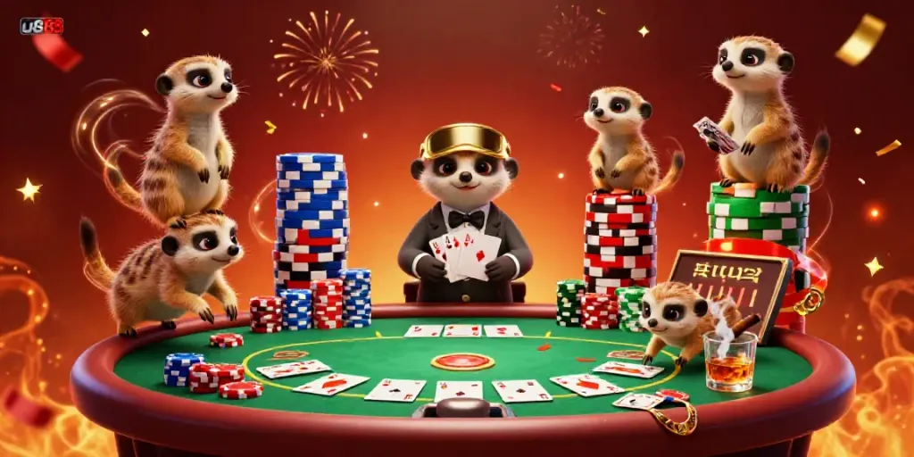 Experience the vibrant u888 casino world with meerkats running games, chips scattering, and a lively atmosphere.
