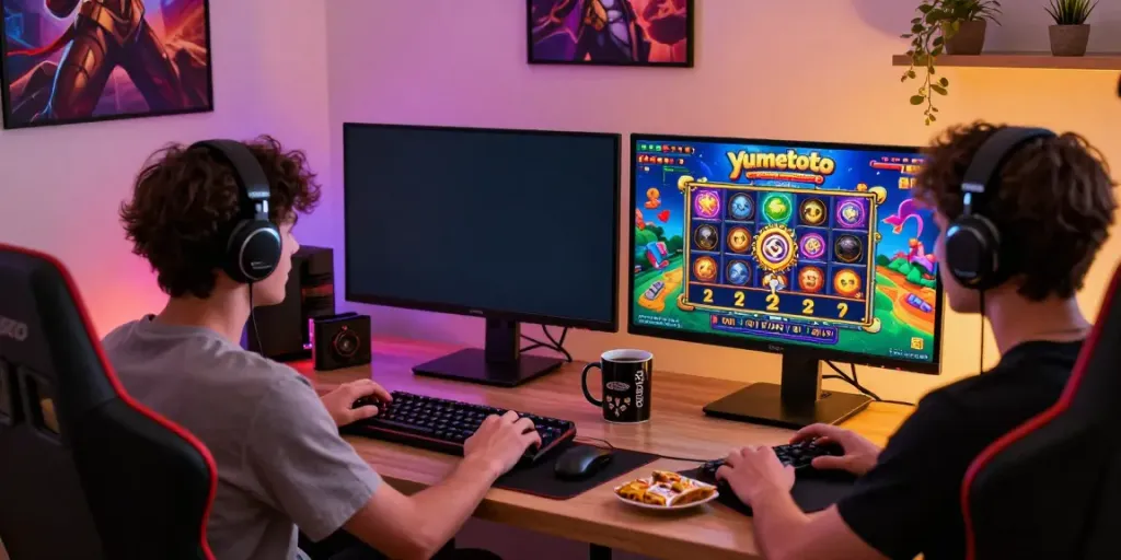 Close-up of a player enjoying Yumetoto slot games in a vibrant gaming setup with colorful lighting.