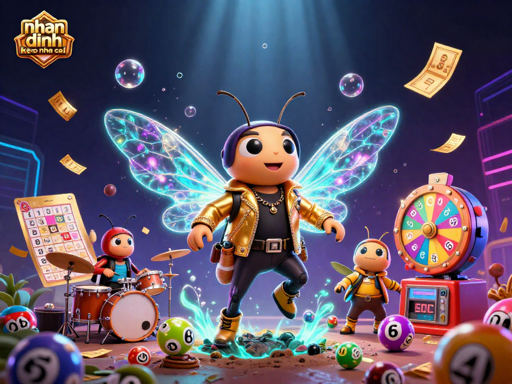 Engage with dynamic nhan dinh keo nha cai elements in this vibrant 3D casino illustration featuring a rock star cicada.