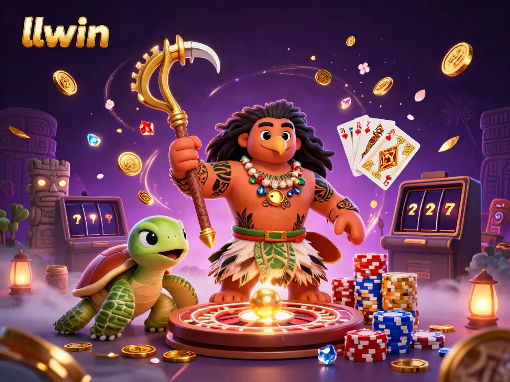 Experience thrilling gameplay with llwin's vibrant 3D illustration showcasing casino elements and energetic characters.