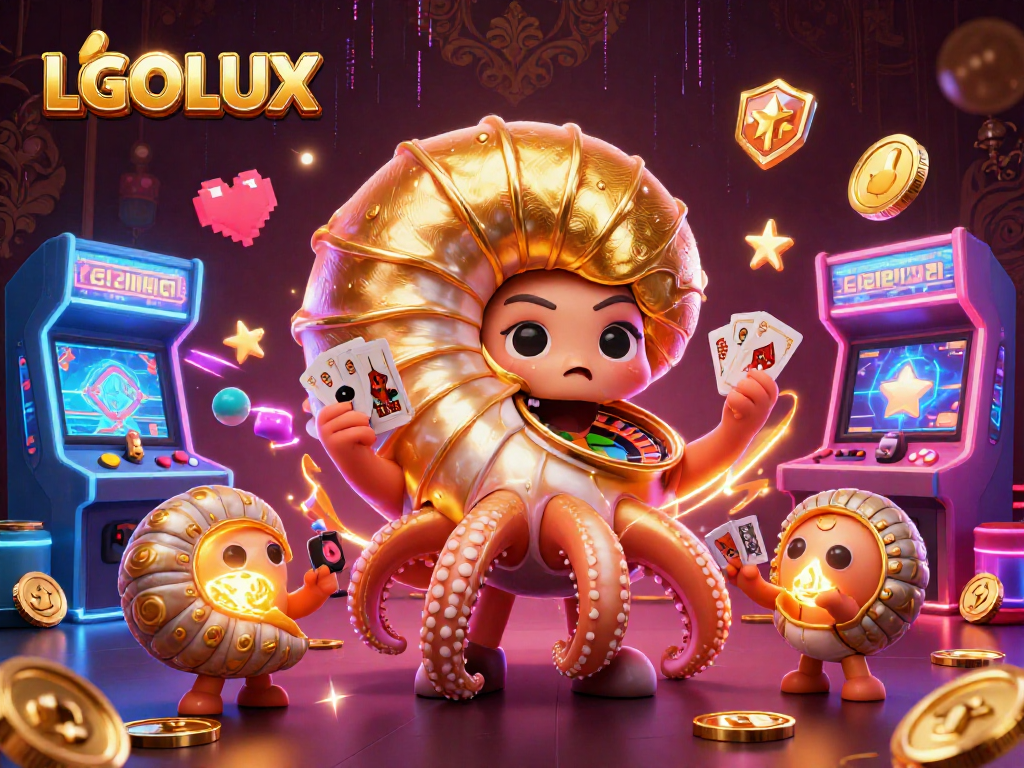 Engage with LGOLUX's vibrant casino scene featuring ancient nautilus and glowing ammonite companions.