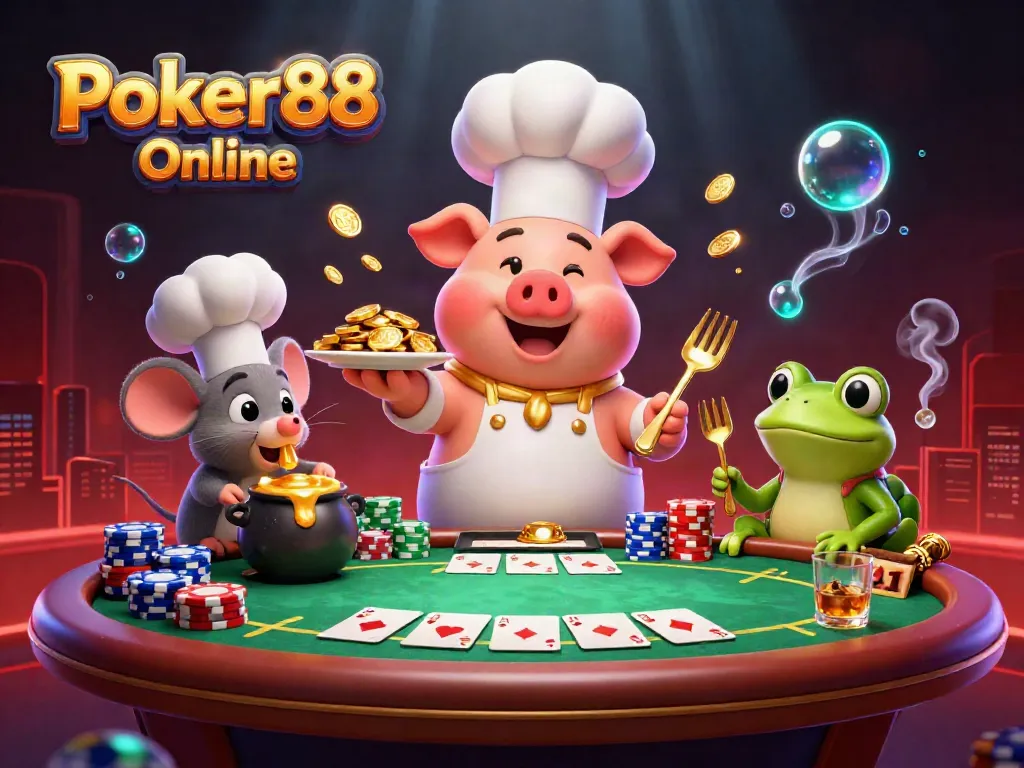 Experience the excitement of Poker88 Online with a whimsical 3D casino scene featuring chefs and poker elements.