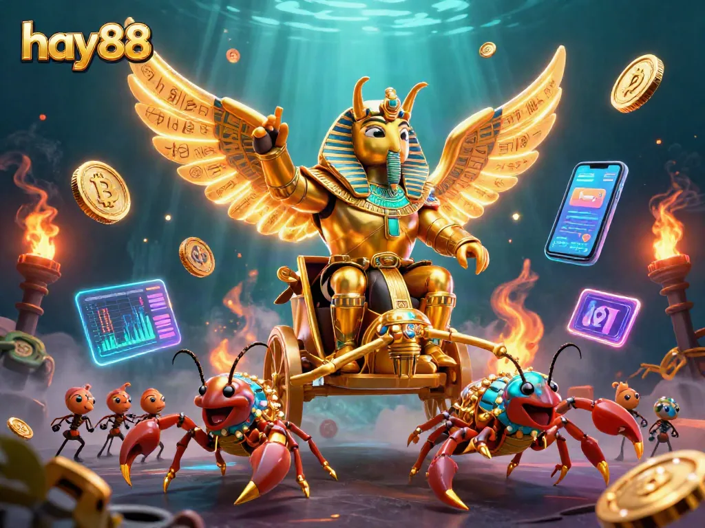 Play games on hay88, featuring a golden scarab beetle and scorpion chariot among Bitcoin coins.
