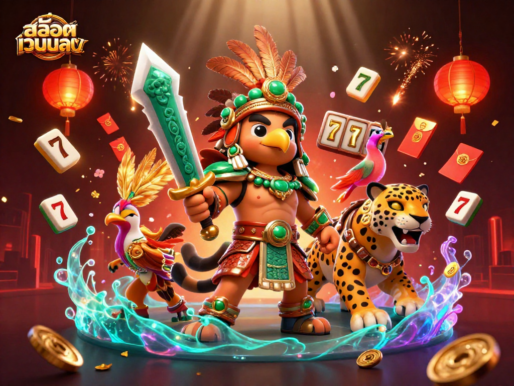Engage with slots at สล็อตเว็บตรง featuring vibrant 3D illustrations of warriors and dynamic casino elements.