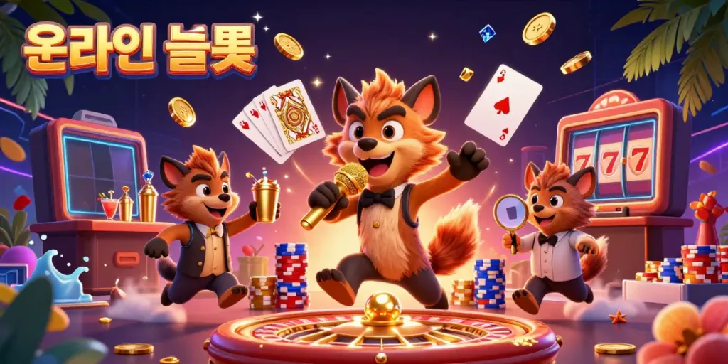 온라인슬롯에서 유머를 전하는 하이에나 캐릭터들, 다양한 슬롯 게임이 함께하는 장면