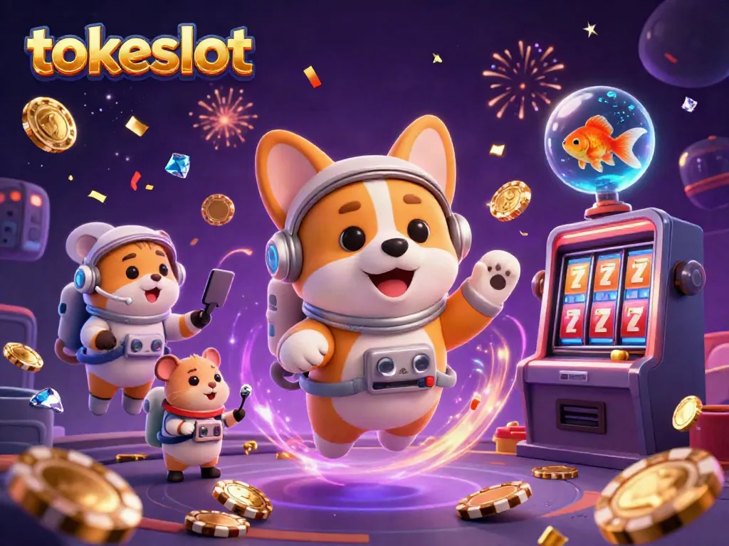 Tokeslot platform features gaming action with animated characters in a vibrant casino scene.