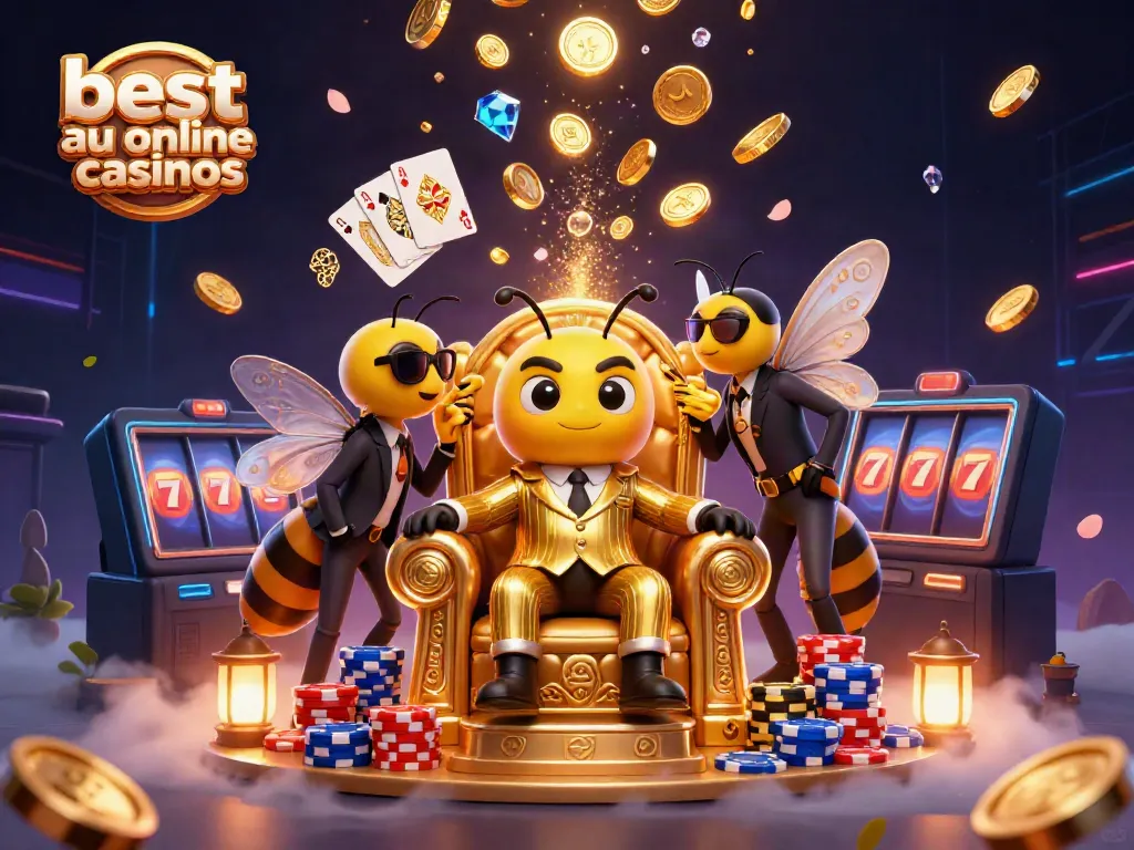 Experience the best AU online casinos with a bumblebee mob boss and vibrant casino elements.
