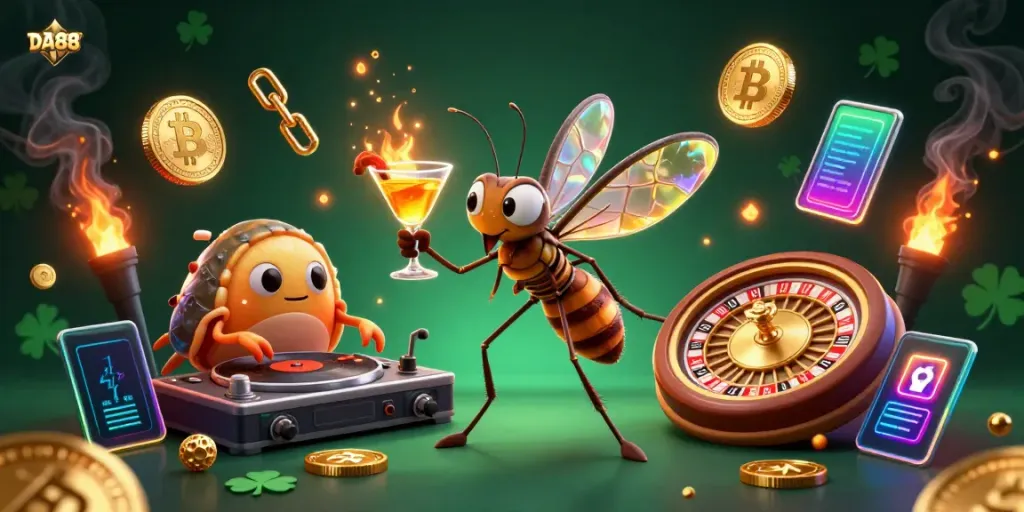 Engage with DA88 at the lively casino scene featuring a colorful mascot and gaming elements.