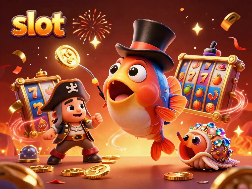 Play vibrant slot machines with lucky symbols, golden coins, and colorful characters in a dynamic casino scene.