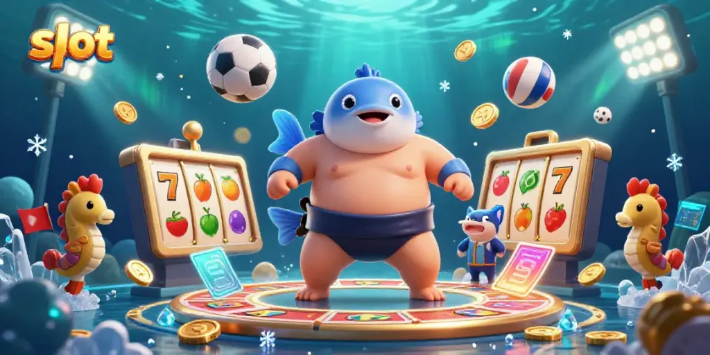 Slot menghasilkan keseruan dengan fugu raksasa dan elemen kasino dalam ilustrasi 3D.